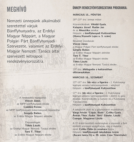 Az Erdélyi Magyar Néppárt és az Erdélyi Magyar Nemzeti Tanács rendezvényei nemzeti ünnepünk alkalmából