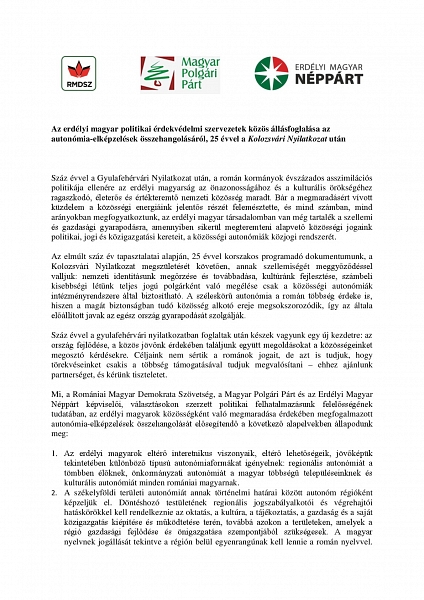 Az erdélyi magyar politikai érdekvédelmi szervezetek közös állásfoglalása az autonómia-elképzelések összehangolásáról, 25 évvel a Kolozsvári Nyilatkozat után